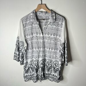 Chico's Black and White Paisley Embroidered Button Down Shirt size 3 Floral